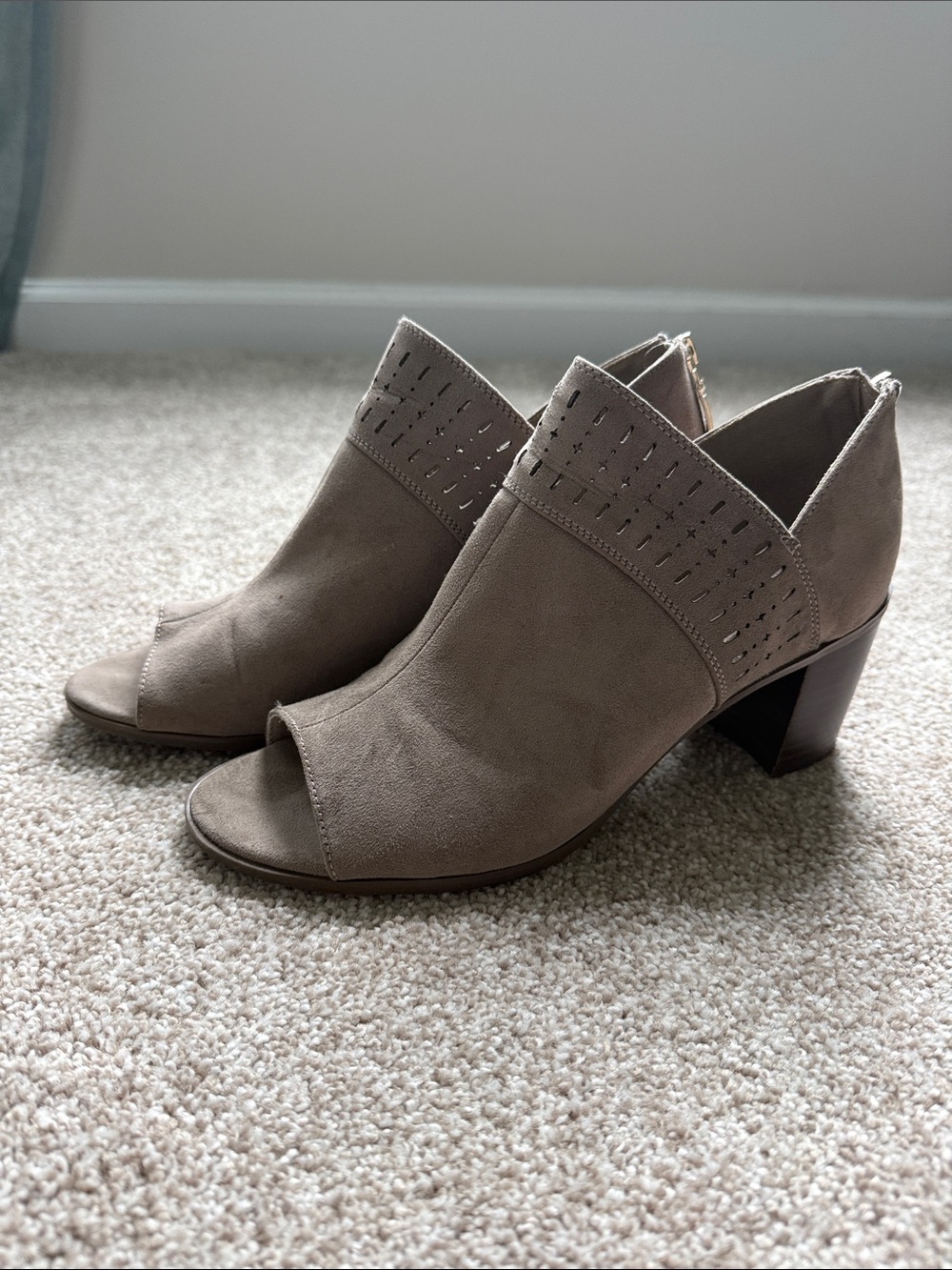 x-appeal Taupe Open-Toe Laser-Cut Block Heel Booties